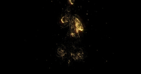 Naklejka na ściany i meble Golden smoke, liquid gold glitter pour, shining fluid particles light on black background. Gold sparkling shimmer pouring and evaporating, magic glow haze with glittering curl swirl effect