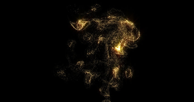 Golden Smoke, Shining Fluid Particles Light, Liquid Gold Glitter Pour On Black Background. Sparkling Gold, Glittering Shimmer Pouring And Evaporating, Magic Glow Haze With Haze Curl Swirl Effect