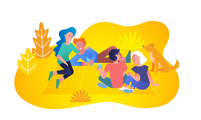 Friends at picnic in forest park, young couple boys and girls laying on blanket on grass. Lagom comfort lifestyle and happiness together concept, vector flat trendy design