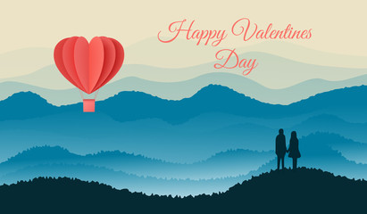 Happy valentines day. Silhouette of lovers standing together. Vector illustration with paper cut red heart shape origami made hot air balloons flying in sky background.