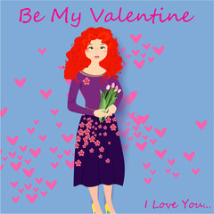 Be my Valentine banner with house, trees and hearts on a blue background. Greeting card