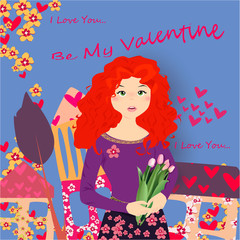 Be my Valentine banner with cute girl with tulips, house, trees and hearts on a purple background design