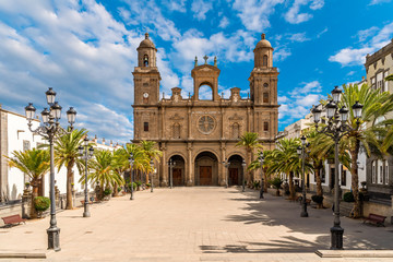 Landscape with Cathedral Santa Ana Vegueta in Las Palmas, Gran Canaria, Canary Islands, Spain - obrazy, fototapety, plakaty