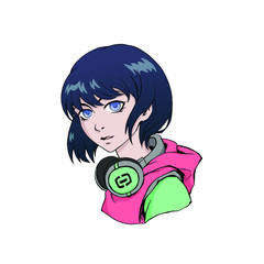 Anime girl with headphones colorful illustration waifu