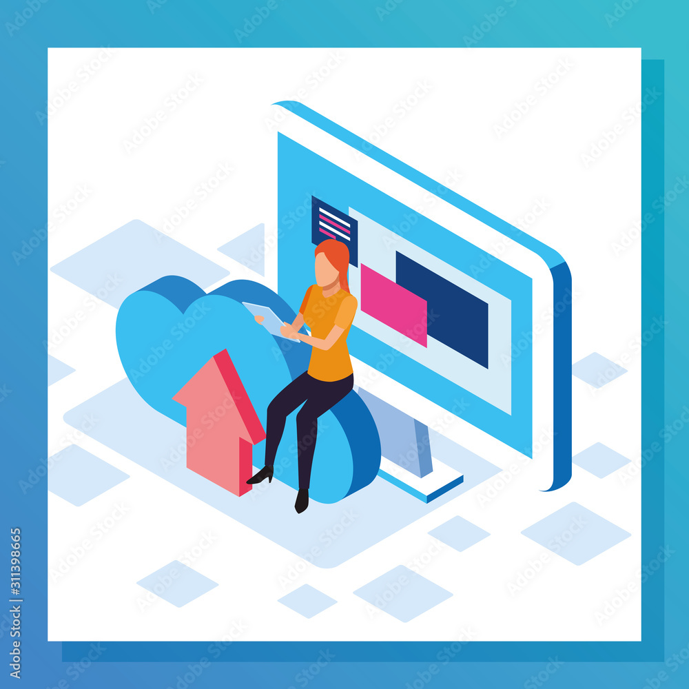 Poster big data colorful design with computer with woman and cloud storage