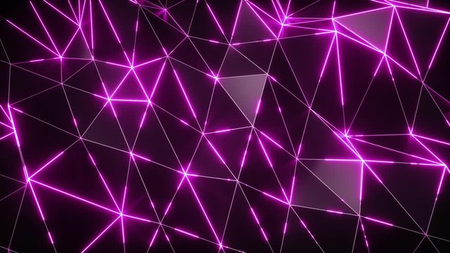 Abstract motion background. Low-poly dark waving surface with glowing pink light. Seamless loop 3d render