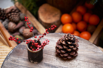Oranges, tangerines and Christmas tree cones as New Year tree decoration
