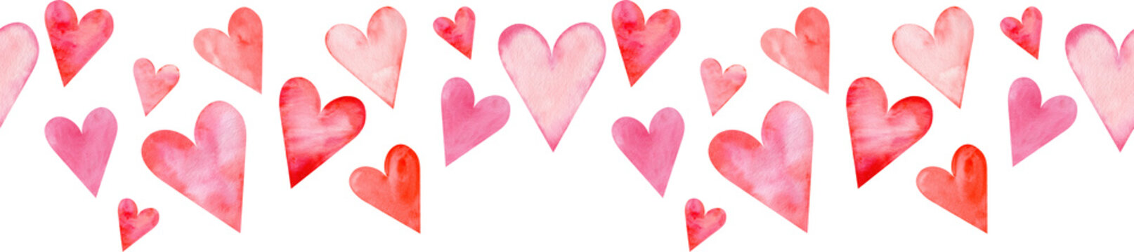 Seamless watercolor header with pink and red hearts on white background. Valentine's day border.