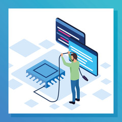 big data colorful design with man with computer chip and computer, colorful design