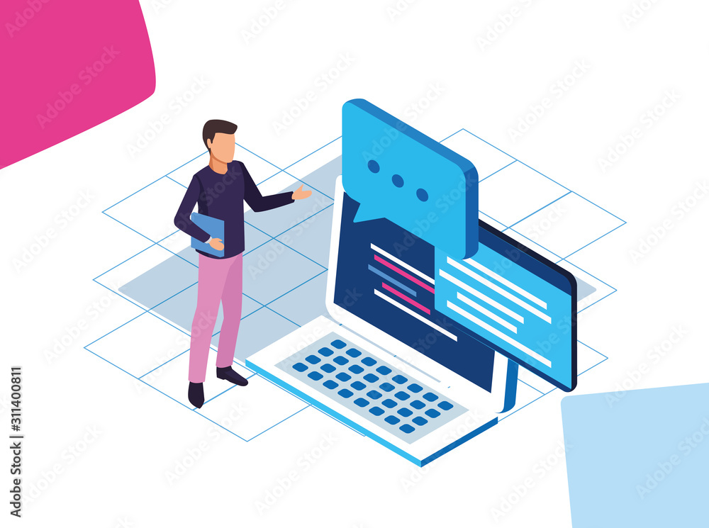 Poster man with laptop computer and speech bubbles