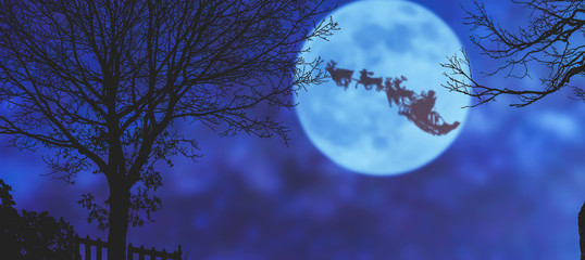 Santa Claus flying in his sleigh against dreamy dark moon night view.