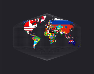 Worldmapwith flags of each country. Baker Dinomic projection. Map of the world with meridians on dark background. Vector illustration.