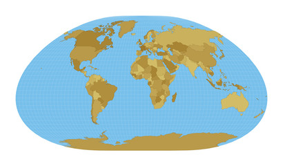 World Map. Loximuthal projection. Map of the world with meridians on blue background. Vector illustration.