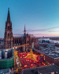 Cologne Germany Christmas market, aerial drone view over Cologne rhine river Germany