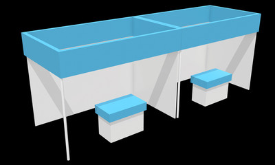 Trade Show Booth Blue and White. Indoor Exhibition with Work Paths. 3d render on black background. High Resolution Ad Template for your Expo design.