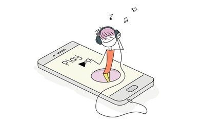 Happy girl in a round hole on the phone. Cartoon character with headphones presses a button Play.