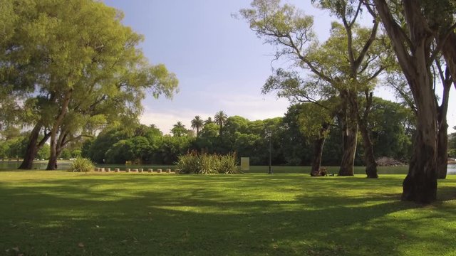 Lake, side view dolly. City park. Person POV Plate. Sunny day, trees.