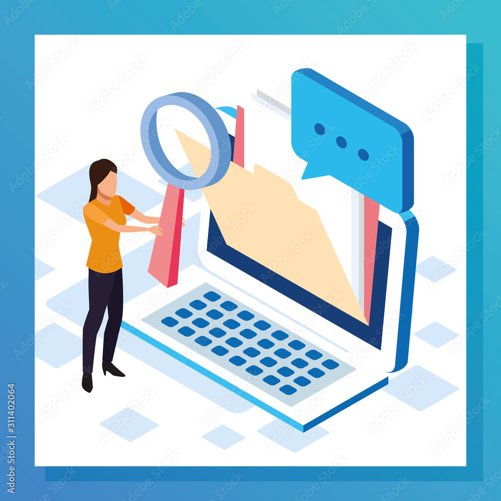 Poster big data colorful design with woman with laptop computer and folder