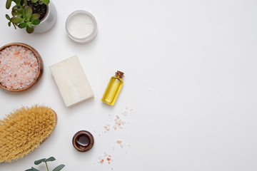 Zero waste natural spa concept: eco organic products for health products, no plastic. Empty space for text.