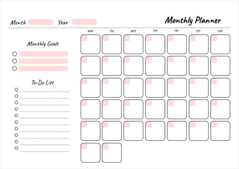 Monthly planner printable template Vector. Blank white notebook page A4