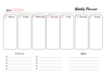 Weekly planner printable template Vector. Blank white notebook page A4