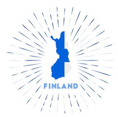 Finland sunburst badge. The country sign with map of Finland with Finnish flag. Colorful rays around the logo. Vector illustration.
