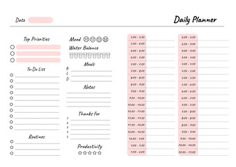 Daily planner printable template Vector. Blank white notebook page A4