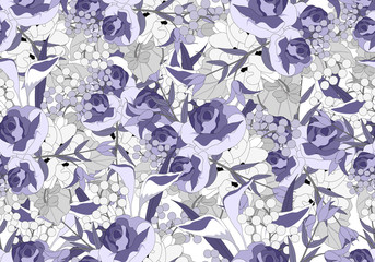 Seamless pattern of rose and lily flower bouquet in violet  and gray theme colors.