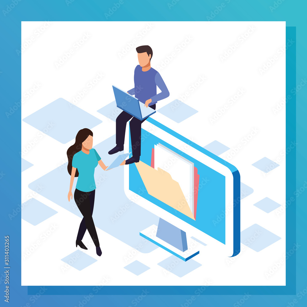 Poster big data colorful design with computer with woman and man