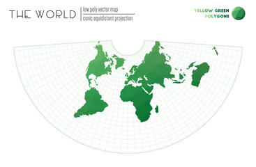 Vector map of the world. Conic equidistant projection of the world. Yellow Green colored polygons. Modern vector illustration.