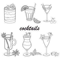 Black and white vector illustration. Set of cocktails and ice cream for menu decoration. Soft drinks in wine glasses with fruits and mint. Alcoholic drinks.Objects are hand-drawn and isolated on white