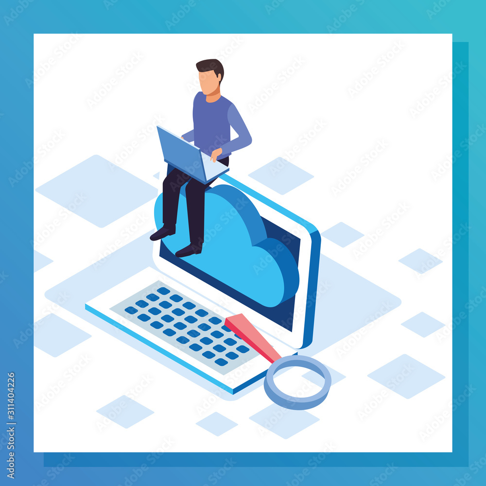 Poster big data colorful design with man sitting on big laptop computer