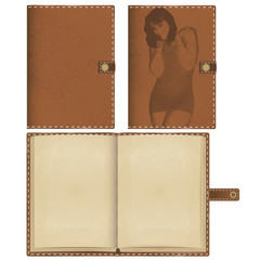 notebook in leather cover with stitched light thread edges. option embossed with a young girl. the template of an open book with yellowed blank pages