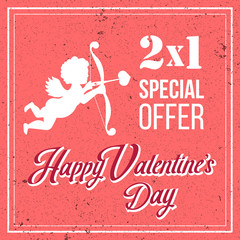 Happy Valentine's Day retro coupon banner Special Offer 2x1 card with Silhouettes of Cupid. Texture pink background