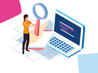 woman with big magnifying glass and laptop computer