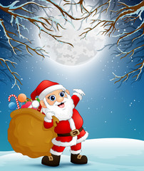 Santa claus holding a sack of gifts on christmas night