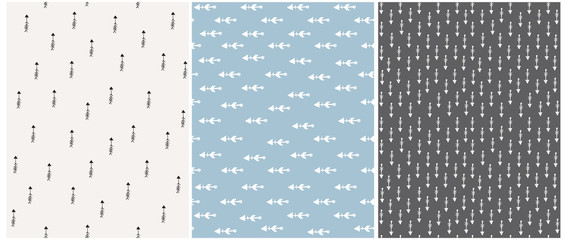 Simple Seamless Vector Patterns with Hand Drawn Indian Arrows Isolated on a Light Blue, Gray and Off-White Background. Funny Infantile Style Print for Fabric, Wrapping Paper, Indian Party Decoration.