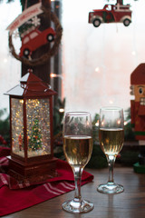Wine glasses and Christmas decorations.
