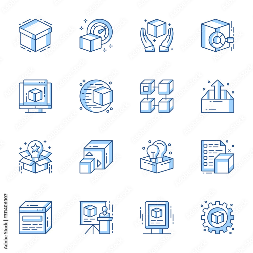 Poster Product launch and presentation vector linear icons set. Goods setting process, project business advertisement contour symbols isolated pack. Open box thin line illustrations collection