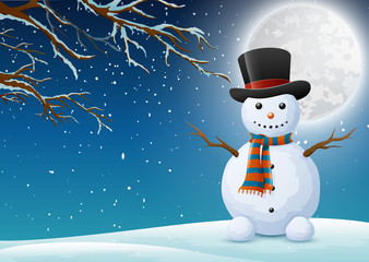 A winter night forest with a greeting snowman