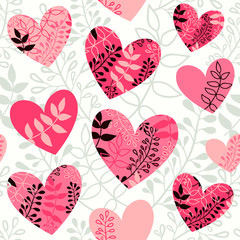 Seamless vector pattern with hearts and leaves.