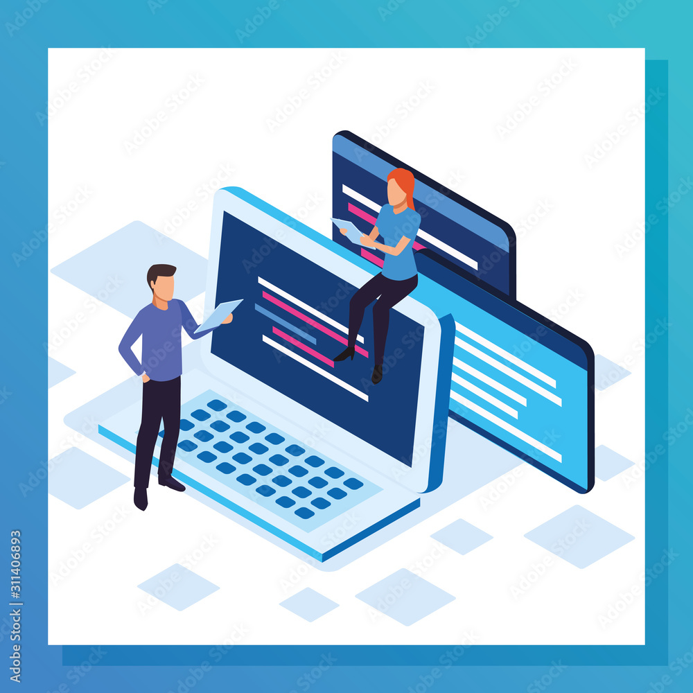 Poster big data colorful design with laptop computer with woman and man