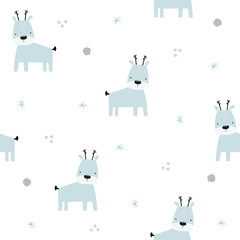 Obraz premium Winter pastel seamless pattern with little reindeer. Childish simple print. Vector hand drawn illustration.