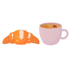Vector graphics. Adorable, sweet illustration of coffee mug and croissant.  Icons template. 