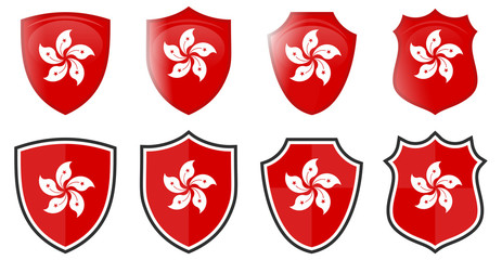 Vertical Hong Kong flag in shield shape, four 3d and simple versions.