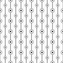 Abstract seamless pattern of symmetry arranged circles and dots connected by lines.