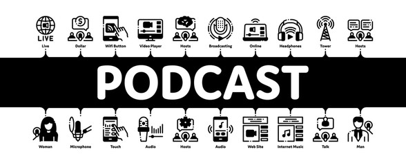 Podcast And Radio Minimal Infographic Web Banner Vector. Internet Global Live Broadcasting Podcast, Headphones, Microphone And Antenna Concept Illustrations
