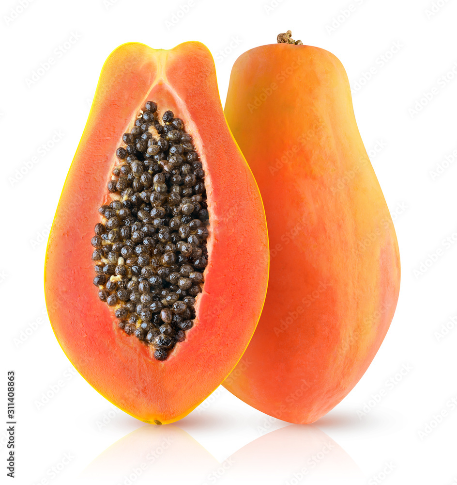 Poster Isolated papaya. Two halves of papaya fruit in vertical composition isolated on white background with clipping path