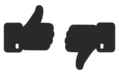 Thumb up and down flat icons isolated on white background. Like and dislike social network pictograms isolated on white background. Flat positive and negative buttons for a website or mobile app.
