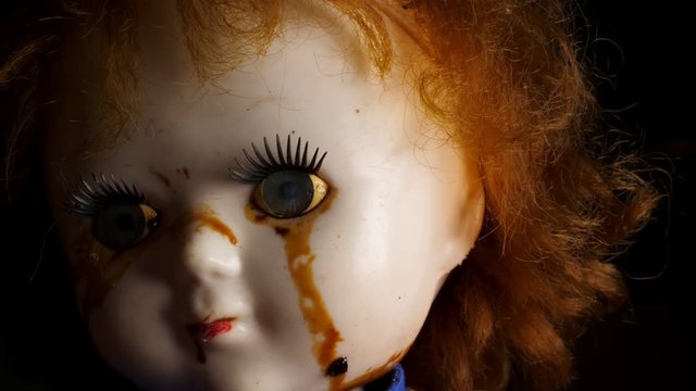 A terrible weird doll of nightmares turns its head.